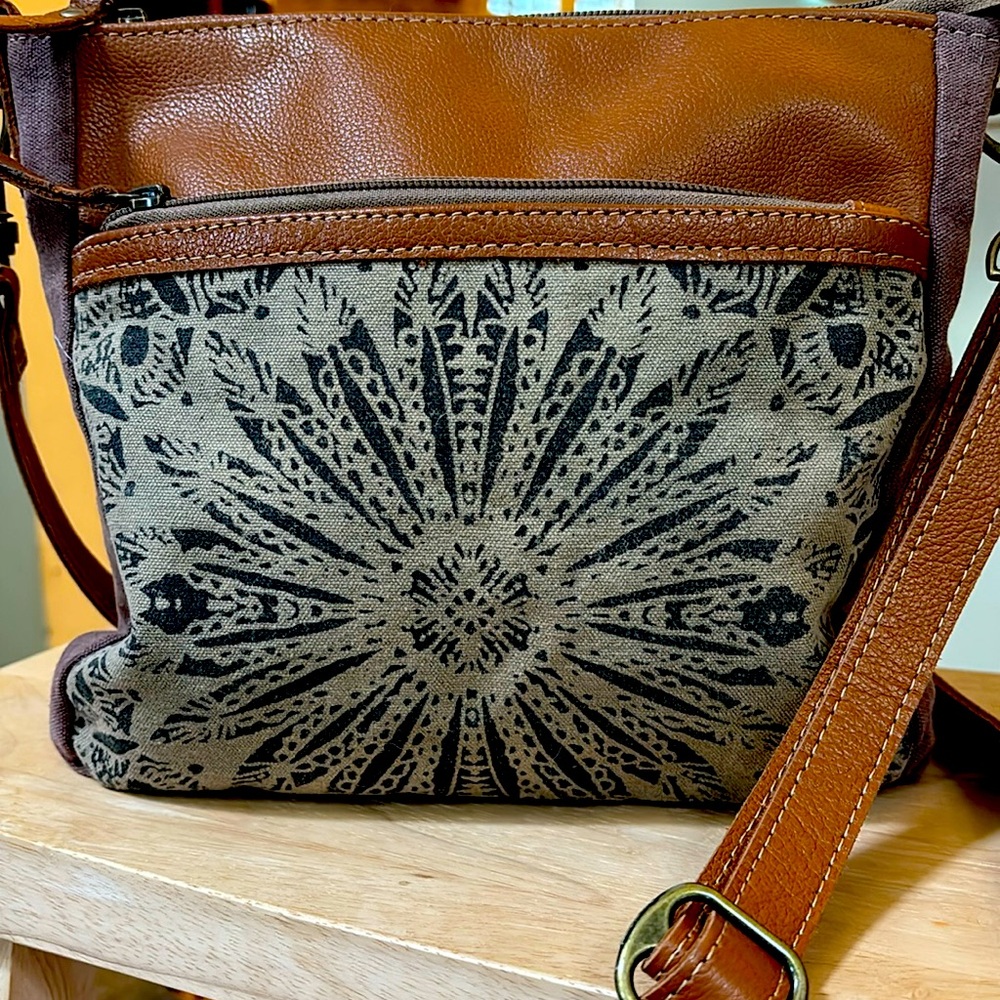 Myra cross body bag. Canvas and vegan leather, 11/10”. Excellent condition.